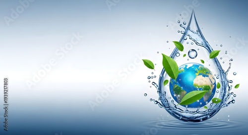 Earth encapsulated in a water droplet with leaves