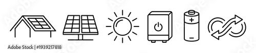 Renewable solar energy line art icons set showing panels on a house, sun, power inverter, battery, and a renewable cycle symbol for sustainable green electricity concepts