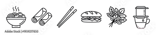 Set of black line art icons representing traditional Asian cuisine with a bowl of hot noodle soup, spring rolls, a sandwich, fresh herbs, and a drip coffee maker