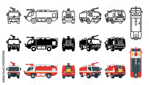 Airport fire truck vector illustration set showing multiple views like front, side, top, and perspective in line art, silhouette, and flat color styles for emergency vehicle design