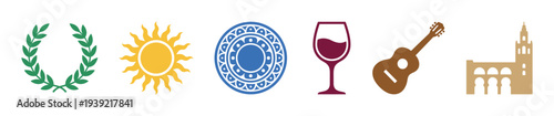 Set of colorful Spanish cultural icons including a laurel wreath, sun, patterned tile, wine glass, guitar, and historic building, presented in a flat minimalist vector style