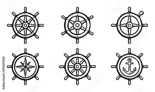 Set of six hand-drawn ship's wheels in a vintage sketch style, featuring various nautical symbols like an anchor and a compass rose for maritime and sailing themed designs