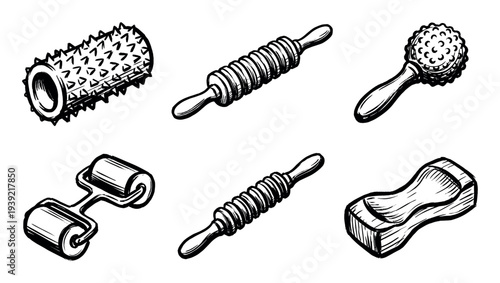 Collection of hand-drawn massage tools including various rollers, a spiky ball, and a contoured block, illustrated in a bold black and white ink sketch style for wellness