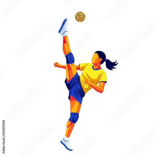 Woman playing Sepak Takraw, kicking ball in mid-air, dynamic action sport illustration