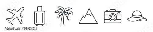 Minimalist travel and vacation line icons featuring an airplane, suitcase, palm tree, mountain, camera, and hat, representing tourism, journey, and adventure