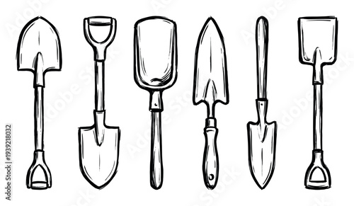 Set of six hand-drawn gardening shovels and spades in a simple black ink sketch style, showing various tool shapes for digging, planting, and landscaping work