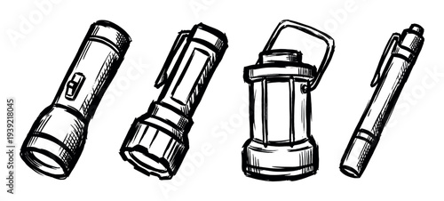 Hand-drawn sketch set of flashlights and a camping lantern in a rough ink illustration style, showing various portable light sources for outdoor adventure or emergency situations