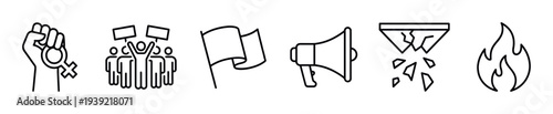 Protest and activism line art icon set representing feminism, social justice, and revolution with symbols like a raised fist, megaphone, and broken glass ceiling