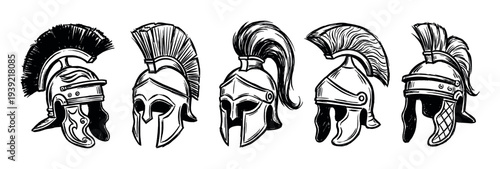 Collection of five ancient warrior helmets in a hand-drawn black and white ink sketch style, showcasing various Greek and Roman designs with plumes and crests