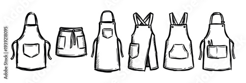 Collection of hand-drawn kitchen aprons in various styles, including bib, waist, and cross-back designs, illustrated in a bold black and white ink sketch doodle style