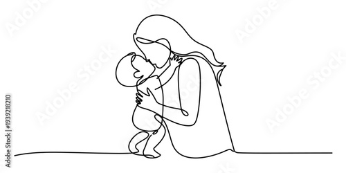 Mother Holding Baby Continuous One Line Drawing Motherhood Minimalist Vector