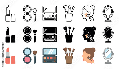 Makeup and cosmetic icon set collection in line, glyph, and color styles showing lipstick, eyeshadow, brushes, and application for beauty and fashion concepts