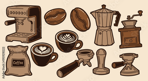 Vintage coffee making equipment and cups illustration for cafe and barista art lovers
