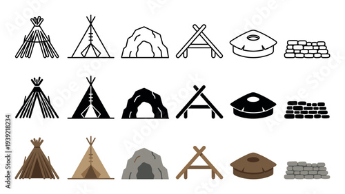 Set of primitive shelter vector icons showing ancient dwellings like a cave, hut, tipi, and stone wall, presented in line art, solid glyph, and flat color styles for historical design