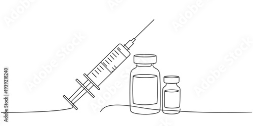 Continuous Line Drawing of Syringe and Medicine Vials