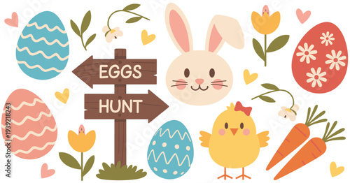 Cute Easter Egg Hunt Elements With Bunny And Chick