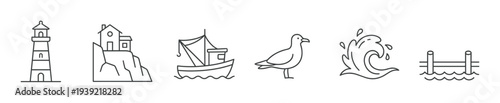Set of six nautical themed line icons featuring a lighthouse, a house on a cliff, a fishing boat, a seagull, an ocean wave, and a pier, all in a simple minimalist outline style