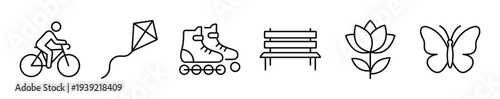 Set of black line art icons representing outdoor park activities and nature, including a cyclist, kite, roller skates, bench, flower, and a butterfly in a minimalist style