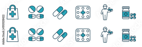 Medical and pharmacy icons in a dual row layout health