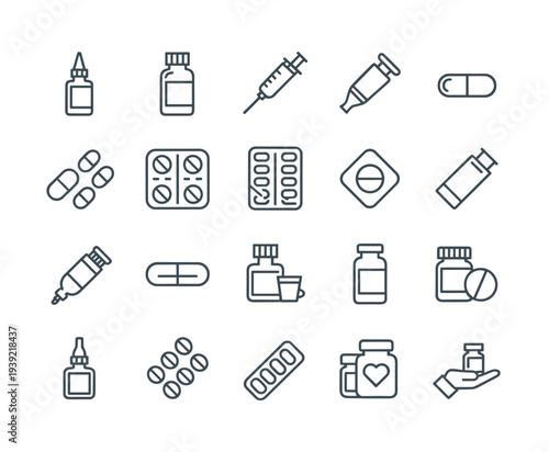 Medical and pharmaceutical line art icons on white background
