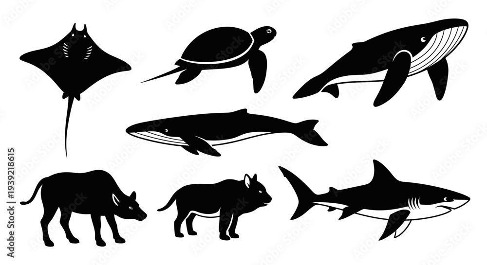 Obraz premium Diverse Wildlife and Marine Animal Silhouettes Collection on White Background