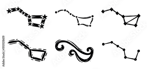 Set of hand-drawn black constellations and celestial elements in a rough, sketchy brushstroke style, featuring various interpretations of the Big and Little Dipper star patterns