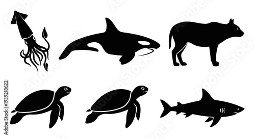 Diverse Wildlife Silhouettes: Ocean Creatures and Mammal Vector Collection