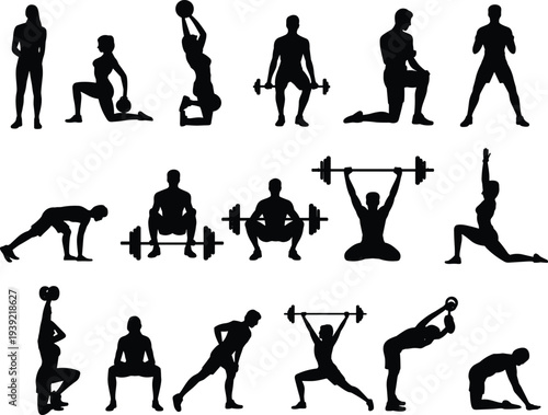 Black fitness silhouettes collection, workout poses, weightlifting, squatting, lunging, stretching, strength training vector illustration design artwork