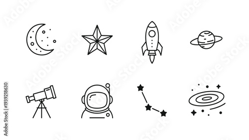 Space exploration icons on white background Keywords: space, rocket, astronaut, moon, star