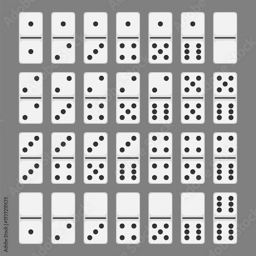 White domino tiles with black pips complete vector set. Vector domino icons for board game interfaces, educational mathematics materials, strategy-themed graphics, and recreational design projects