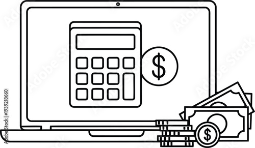 Laptop with calculator and money symbol on screen with cash