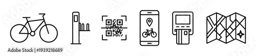 Set of black line art icons for a bike sharing service, including a bicycle, docking station, QR code, mobile app, payment terminal, and a map for urban navigation