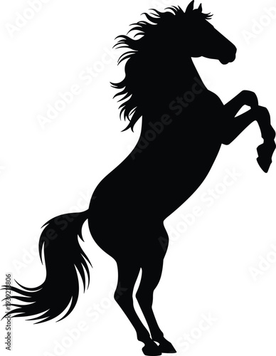 Black horse silhouette rearing, powerful dynamic pose, freedom strength, animal figure design, equestrian vector illustration artwork for creative projects