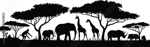 African wildlife silhouettes with savanna trees, elephants, giraffes, rhino, hippo, monkey, biodiversity nature vector illustration design artwork