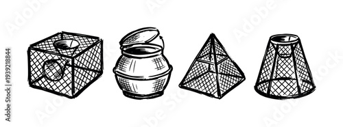 Hand-drawn set of four fishing traps including a square pot, a cylindrical basket, a pyramid, and a cone, rendered in a black ink sketch style illustration