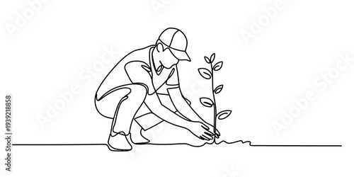 Person Planting A Young Tree Sapling In Minimalist Vector Line