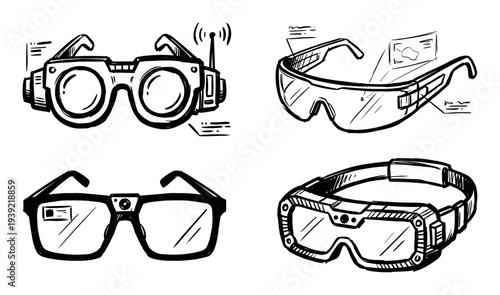 Hand-drawn sketch set of futuristic smart glasses and virtual reality goggles in a black and white doodle style, illustrating concepts of wearable technology and augmented reality