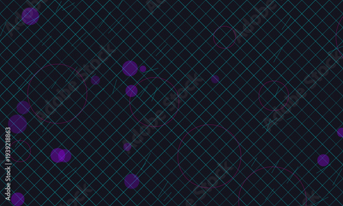 Abstract Digital Teal Grid Background with Purple Bokeh Circles and Retro Cyberpunk Aesthetic.