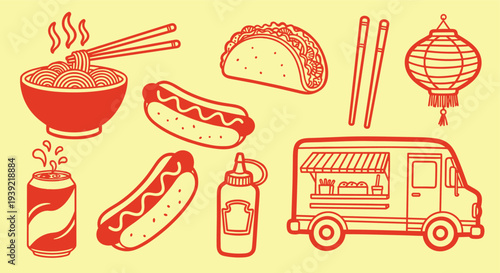 A vibrant collection of popular fast food items and a food truck presented in a playful red and yellow graphic style