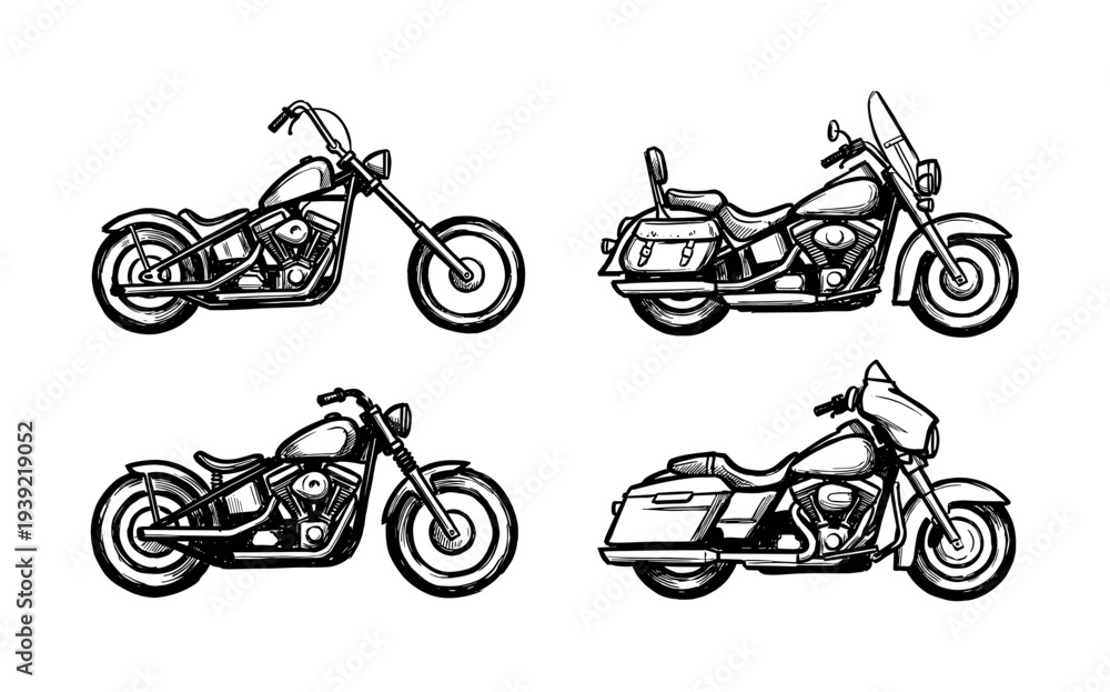 Naklejka premium Four classic custom motorcycle illustrations in a bold black and white hand-drawn sketch style, showing various models like chopper, cruiser, and bagger from a side view