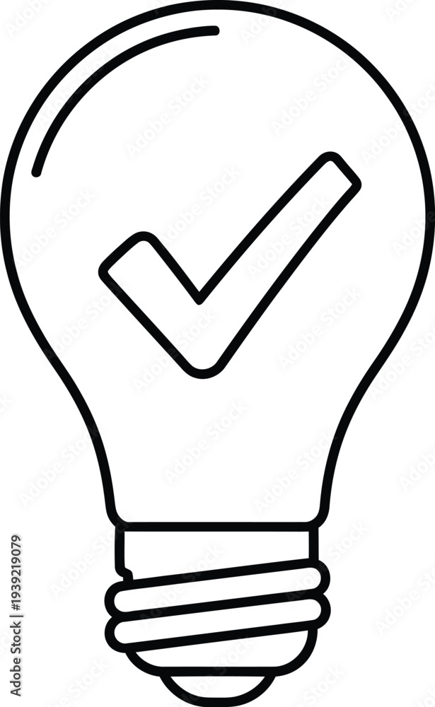 Fototapeta premium A black and white line drawing of a lightbulb with a checkmark