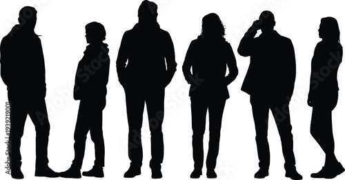 Black people silhouettes standing, casual and semi‑formal poses, diverse human figures, group dynamics, body language vector illustration design artwork