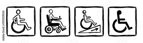 Set of four hand-drawn disability icons showing wheelchair users, including a motorized chair and a ramp, rendered in a black and white sketchy illustration style