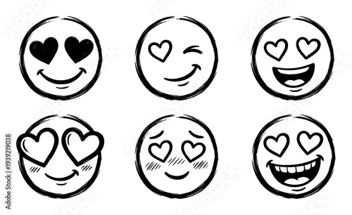 Set of six hand-drawn emoticons with heart-shaped eyes expressing love and happiness in a cute, sketchy doodle style with brush stroke outlines and various smiles