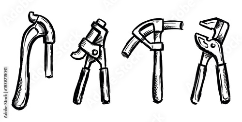 Set of four hand-drawn construction tools including a hammer and pliers in a rough black ink sketch style, representing DIY projects and manual repair work
