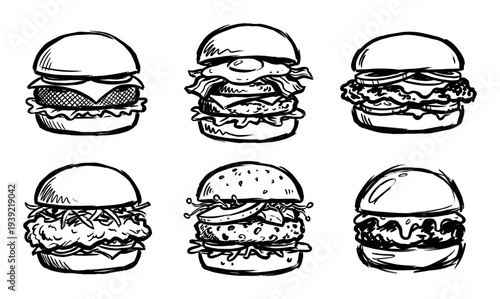 Collection of six hand-drawn burgers in a sketchy ink style showing different toppings like cheese, bacon, and egg for a fast food menu illustration
