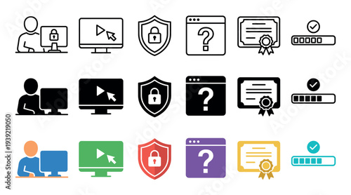 Collection of online education and security icons in three different styles including line art, solid glyph, and flat color for web and user interface design concepts