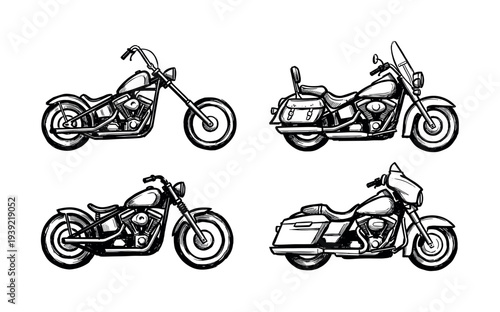 Four classic custom motorcycle illustrations in a bold black and white hand-drawn sketch style, showing various models like chopper, cruiser, and bagger from a side view