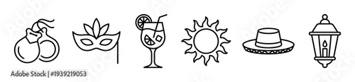Set of black line art icons featuring castanets, a carnival mask, a cocktail, a sun, a sombrero, and a lantern, representing celebration, culture, and summer festivities