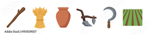 Set of ancient farming tools and agricultural icons like a stick, wheat, pot, plow, sickle, and field, shown in a simple flat vector illustration style for historical themes